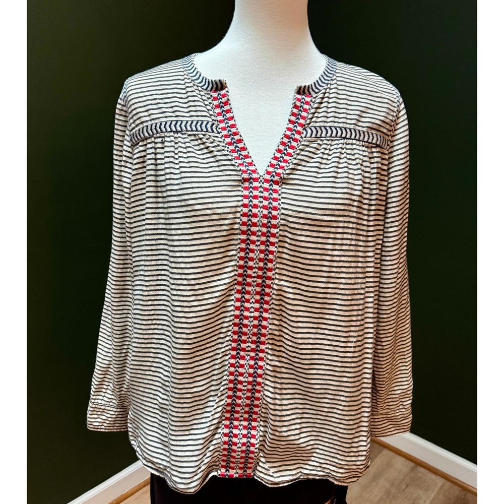 J. Crew Striped V-Neck Embroidered Boho Tunic Top Women's Size 8